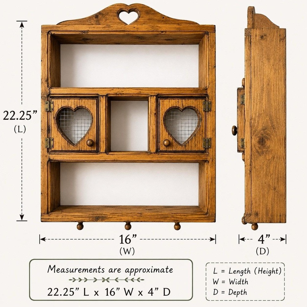 Cottagecore Rustic Primitive Wooden Heart Wall Cabinet Shelf Chicken Wire Doors - Picture 16 of 16